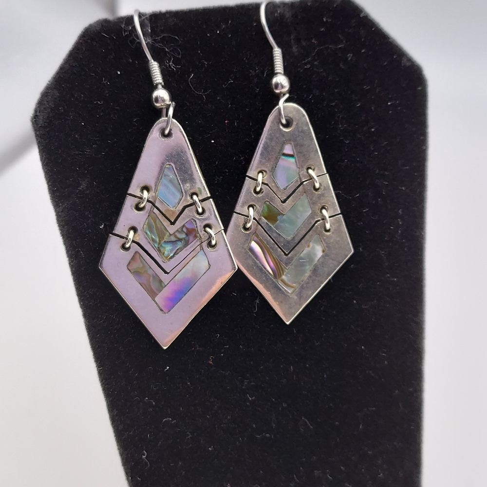 Mexico Alpaca Abalone Dangle Vtg Earrings,GC.